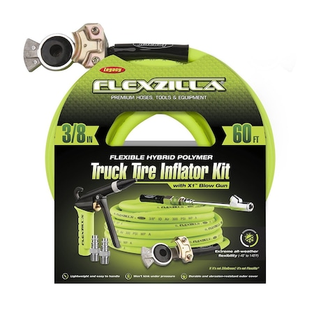 Flexzilla Truck Tire Inflator Kit, 6-Pcs, 3/8inx60ft, 1 Blow Gun Rubber Tip, Pro High Flow Coupler and Plugs HGH7-FZ